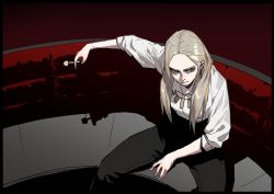 Rule 34 | 1girl, between legs, black pants, blonde hair, cigarette, closed mouth, gogalking, grey eyes, grey hair, hand between legs, highres, holding, holding cigarette, jewelry, leonir (gogalking), long hair, long sleeves, looking at viewer, necklace, original, pants, shirt, sitting, solo, white shirt