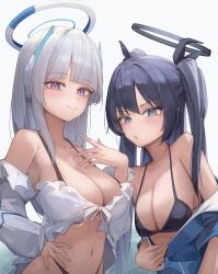 Rule 34 | 2girls, absurdres, bikini, bikini under clothes, black bikini, blue archive, blue eyes, blush, breasts, cleavage, collarbone, halo, highleg, highleg bikini, highres, jacket, jacket partially removed, jun daniell, large breasts, looking at viewer, multiple girls, navel, noa (blue archive), outdoors, purple eyes, simple background, straight hair, sweatdrop, swimsuit, track jacket, two side up, upper body, white background, yuuka (blue archive)