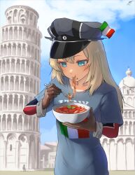 Rule 34 | bismarck (kancolle), blonde hair, blue eyes, blue shirt, bowl, cloud, collarbone, eating, food, fork, gloves, hat, highres, holding, holding bowl, holding fork, indiana georg, italian flag, kantai collection, leaning tower of pisa, long hair, military hat, outdoors, pasta, shirt, sky, spaghetti