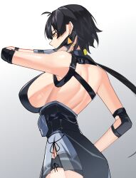 Rule 34 | 1girl, alternate breast size, bare shoulders, black dress, black gloves, black hair, breasts, dress, earrings, female rover (wuthering waves), gloves, hair ornament, highres, jewelry, large breasts, long hair, low ponytail, mafrn3 (g03s), rover (wuthering waves), sideboob, sleeveless, solo, triangle earrings, wuthering waves, yellow eyes