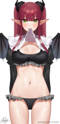 Rule 34 | 1girl, arms behind back, artist name, black panties, black wings, blunt bangs, blush, breasts, cleavage, closed mouth, cowboy shot, crop top, demon girl, demon horns, demon wings, frilled panties, frilled shirt collar, frills, green eyes, highres, horns, kitagawa marin, large breasts, long hair, long sleeves, looking at viewer, mouth hold, navel, nhaliz, panties, pointy ears, red hair, rizu-kyun, sidelocks, signature, simple background, smile, solo, sono bisque doll wa koi wo suru, steaming body, stomach, twintails, underwear, watermark, web address, white background, wings