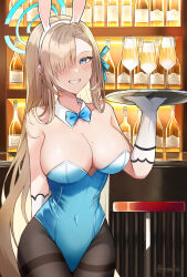 Rule 34 | 1girl, :d, absurdres, alcohol, animal ears, asuna (blue archive), asuna (bunny) (blue archive), bar (place), bar stool, bare shoulders, black pantyhose, blue archive, blue bow, blue eyes, blue leotard, blurry, bottle, bow, breasts, cleavage, collarbone, commentary request, cup, depth of field, detached collar, drinking glass, elbow gloves, fake animal ears, gloves, grin, groin, hair bow, hair over one eye, hair ribbon, hairband, halo, highleg, highleg leotard, highres, holding, holding tray, indoors, large breasts, leotard, light brown hair, long hair, looking at viewer, mole, mole on breast, namakisama, official alternate costume, open mouth, pantyhose, playboy bunny, rabbit ears, ribbon, sidelocks, sleeveless, smile, solo, stool, strapless, strapless leotard, tray, white gloves, wine, wine bottle, wine glass