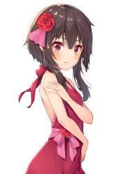 Rule 34 | 1girl, alternate costume, bare arms, bare shoulders, breasts, brown hair, commentary request, dress, flower, hair flower, hair ornament, halter dress, halterneck, kono subarashii sekai ni shukufuku wo!, looking at viewer, megumin, parted lips, pensuke, pink ribbon, red dress, red eyes, red flower, ribbon, rose, short hair with long locks, sidelocks, simple background, sleeveless, sleeveless dress, small breasts, smile, solo, standing, upper body, white background