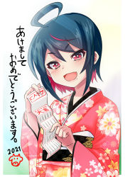 Rule 34 | 1girl, 2021, :d, ahoge, black hair, blush, chinese zodiac, commentary request, fang, floral print, hair between eyes, hands up, head tilt, highres, holding, japanese clothes, kimono, long sleeves, looking at viewer, mole, mole under mouth, momoda yasuhito, multicolored hair, obi, omikuji, open mouth, original, pink hair, print kimono, red eyes, red kimono, sash, short hair, smile, solo, translation request, two-tone hair, v-shaped eyebrows, wide sleeves, year of the ox
