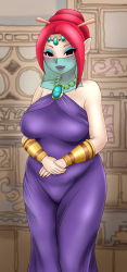 Rule 34 | 1girl, abstract background, artist request, astrid (zelda), bare shoulders, black eyes, blush, breasts, circlet, closed mouth, collarbone, dress, eyebrows, eyelashes, eyeshadow, female focus, groin, hair ornament, hair stick, highres, jewelry, legs together, lipstick, long dress, looking at viewer, makeup, mouth veil, necklace, nintendo, own hands together, pointy ears, purple dress, red hair, see-through, sleeveless, sleeveless dress, smile, solo, standing, the legend of zelda, the legend of zelda: phantom hourglass, veil