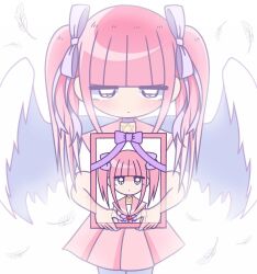 Rule 34 | 1girl, angel, angel wings, blunt bangs, blush, closed mouth, collar, ezaki bisuko, feathered wings, feathers, ghost, hair ribbon, hexagram, highres, holding, holding photo, iei, implied death, jewelry, looking at viewer, menhera-chan (ezaki bisuko), menhera-chan (ezaki bisuko) (character), necklace, photo (object), picture frame, pink hair, pink sailor collar, pleated skirt, purple collar, purple eyes, ribbon, sad, sailor collar, school uniform, serafuku, short hair, sidelocks, simple background, skirt, solo, star of david, thighhighs, transparent limb, twintails, wavy eyes, white background, white feathers, white serafuku, white thighhighs, wings
