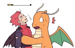 Rule 34 | 1boy, ^^^, brown cape, cape, commentary request, creatures (company), dragonite, fainted, game freak, gen 1 pokemon, health bar, holding, jacket, jaho, lance (pokemon), lowres, male focus, nintendo, open mouth, panicking, pokemon, pokemon (creature), pokemon frlg, red hair, short hair, smile, spiked hair, sweat, torn cape, torn clothes, torn jacket