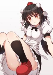 Rule 34 | 1girl, absurdres, black hair, black ribbon, black skirt, black thighhighs, blush, breasts, commentary request, foot out of frame, foreshortening, gradient background, grey background, hair between eyes, hat, head tilt, highres, knee up, looking at viewer, medium breasts, neck ribbon, petticoat, pointy ears, pom pom (clothes), puffy short sleeves, puffy sleeves, red eyes, red footwear, red hat, ribbon, shameimaru aya, shirt, short hair, short sleeves, sitting, skirt, smile, solo, thighhighs, tksand, tokin hat, touhou, untucked shirt, white background, white shirt