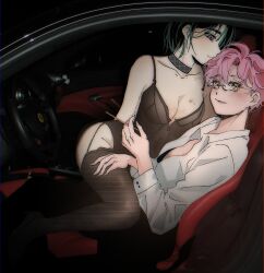 2girls alien_stage black_hair black_thighhighs breasts car_interior cleavage clothing_request collared_shirt commentary english_commentary ferrari garter_straps glasses highres hinaeorii long_sleeves mizi_(alien_stage) multiple_girls open_clothes open_shirt photo-referenced pink_hair rectangular_eyewear shirt short_hair sitting sitting_on_lap sitting_on_person sleeveless smile spaghetti_strap steering_wheel sua_(alien_stage) thighhighs very_short_hair white_shirt