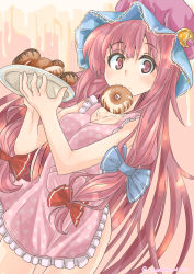 Rule 34 | 1girl, absurdres, apron, blue ribbon, blush, carrying, collarbone, cowboy shot, crescent, crescent hair ornament, doughnut, eyebrows, food, food in mouth, hair ornament, hair ribbon, hat, highres, jigsaw (iori), long hair, looking at viewer, mouth hold, naked apron, patchouli knowledge, plaid, polka dot, purple eyes, purple hair, red ribbon, ribbon, solo, touhou, tress ribbon, twitter username, very long hair