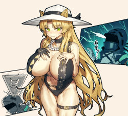 Rule 34 | 1girl, animal ears, arknights, armpit peek, asymmetrical gloves, bare shoulders, bead necklace, beads, belt, belt buckle, black choker, black one-piece swimsuit, blonde hair, blush, breasts, breasts apart, buckle, choker, cleavage, collarbone, cowboy shot, doctor (arknights), embarrassed, female focus, gloves, green eyes, hand on own chest, hat, highres, huge breasts, jewelry, legs together, long hair, looking at viewer, melon22, necklace, one-piece swimsuit, shield, sidelocks, single glove, snap-fit buckle, speed lines, standing, sun hat, sweat, swimsuit, swire (arknights), thick thighs, thigh strap, thighs, tiger ears, tiger girl, very long hair, wavy mouth, yellow background