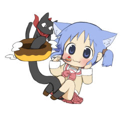 Rule 34 | 1girl, animal, animal ear fluff, animal ears, black cat, black socks, blue eyes, blue hair, blush, bow, cat, cat ears, cat girl, cat tail, chibi, closed mouth, commentary request, cube hair ornament, doughnut, eating, food, food on tail, hair ornament, holding, holding spoon, kemonomimi mode, long sleeves, looking at another, naganohara mio, naganoharamiomio, nichijou, red bow, red scarf, red skirt, sailor collar, sakamoto (nichijou), scarf, school uniform, serafuku, shirt, short hair, simple background, skirt, socks, spoon, tail, tokisadame school uniform, two side up, white background, white sailor collar, yellow shirt
