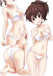 Rule 34 | 1girl, artist request, barefoot, bikini, blush, breasts, brown eyes, brown hair, girls und panzer, hands on own chest, highres, koyama yuzu, large breasts, licking lips, looking at viewer, multiple views, open mouth, ponytail, shiny skin, simple background, smile, solo, standing, swimsuit, toes, tongue, tongue out, white background, white bikini, wide hips