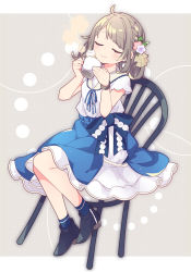 Rule 34 | 1girl, ahoge, blush, boots, bow, bracelet, braid, brown hair, cat, closed eyes, cup, earrings, hair flaps, hands up, holding, holding cup, jewelry, koguma105, layered skirt, medium hair, mug, neck ribbon, on chair, original, parted bangs, pom pom (clothes), pom pom earrings, ribbon, sailor collar, shirt tucked in, short sleeves, sitting, skirt, smile, socks, solo, undersized animal, waist bow