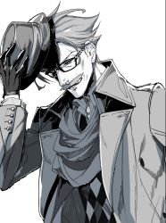 Rule 34 | 1boy, argyle clothes, argyle vest, black gloves, coat, facial hair, fate/grand order, fate (series), glasses, gloves, grey hair, greyscale, hand up, hat, highres, james moriarty (archer) (fate), male focus, monochrome, mustache, scarf, simple background, solo, suzuki rui, sweater, unworn hat, unworn headwear, upper body, white background