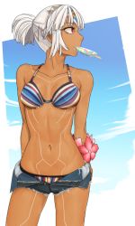 Rule 34 | 10s, 1girl, altera (fate), arms behind head, bikini, blue shorts, breasts, cleavage, dark-skinned female, dark skin, denim, denim shorts, fate/extella, fate/extra, fate (series), flower, food, full-body tattoo, i-pan, navel, ponytail, popsicle, red eyes, revision, short shorts, shorts, small breasts, solo, swimsuit, tattoo, white hair