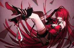 Rule 34 | 1girl, absurdres, ass, black footwear, black gloves, bloody queen (elsword), breasts, brown pantyhose, buckle, cleavage, elesis (elsword), elsword, full body, gloves, grey background, highres, long hair, looking at viewer, medium breasts, pantyhose, red eyes, red hair, shaded face, shiliuye feiyu, shoes, solo, torn clothes, torn pantyhose