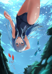 Rule 34 | 10s, 1girl, akabane hibame, blue eyes, blue one-piece swimsuit, fish, freediving, hibiki (kancolle), kantai collection, long hair, looking at viewer, one-piece swimsuit, silver hair, smile, solo, swimsuit, underwater, upside-down