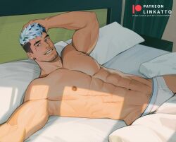 Rule 34 | 1boy, abs, asymmetrical hair, bara, bed, facial hair, goatee stubble, katto8452, large pectorals, lying, male focus, male underwear, muscular, muscular male, mustache stubble, navel, nipples, on back, on bed, original, patreon username, pectorals, short hair, sidecut, smile, solo, stubble, teeth, undercut, underwear, white hair, white male underwear