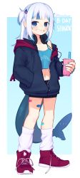 Rule 34 | 1girl, bandaid, bandaid on leg, black shorts, blue background, blue eyes, blue jacket, blue nails, blunt bangs, blush, border, cup, disposable cup, fingernails, fins, fish tail, full body, gawr gura, grin, happy birthday, headphones, headphones around neck, highres, holding, holding cup, hololive, hololive english, hood, hood down, hooded jacket, jacket, looking at viewer, midriff, multicolored hair, nail polish, navel, open clothes, open jacket, red footwear, shark tail, sharp teeth, short shorts, shorts, smile, solo, streaked hair, tail, tank top, teeth, twitter username, two-tone hair, two side up, virtual youtuber, white border, white hair, white legwear, yoako