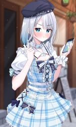 Rule 34 | 1girl, belt, beret, black hat, blue bow, blue dress, blue eyes, blue hair, bow, brooch, cellphone, collar, detached collar, dress, eyeshadow, gradient hair, grey hair, hat, heart, heart brooch, highres, holding, holding phone, jewelry, kaga sumire, looking at viewer, makeup, medium hair, mole, mole under eye, multicolored hair, phone, plaid, plaid dress, pointing, pointing up, pout, puffy short sleeves, puffy sleeves, red eyeshadow, scrunchie, short sleeves, smartphone, solo, swept bangs, syurimp, upper body, v-shaped eyebrows, virtual youtuber, vspo!, white belt, white collar, white scrunchie, wrist scrunchie