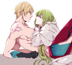 Rule 34 | 2boys, bad id, bad pixiv id, black gloves, blonde hair, con potata, earrings, enkidu (fate), eye contact, fate/grand order, fate (series), gilgamesh, gilgamesh (caster) (fate), gilgamesh (fate), gloves, green hair, hip vent, jewelry, looking at another, lying, lying on person, male focus, multiple boys, on back, pectorals, red eyes, simple background, sweat, tattoo, topless male, yaoi, yellow eyes