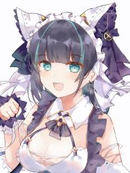 Rule 34 | 1girl, :d, aqua eyes, aqua nails, azur lane, bare shoulders, black bow, blunt bangs, blush, bow, breasts, cheshire (azur lane), chinese commentary, cleavage, clothing cutout, commentary request, detached collar, dress, earrings, fang, frills, gold trim, hair bow, highres, jewelry, large breasts, looking at viewer, maid headdress, medium hair, multicolored hair, nail polish, open mouth, paw pose, shoulder cutout, sidelocks, simple background, skin fang, smile, solo, streaked hair, tsumi97 (kwsu4777), two-tone bow, upper body, white background, white bow, white dress, white headwear