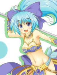 Rule 34 | 1girl, artist request, blue eyes, blue hair, blush, bow, bra, breasts, fang, game console, gem, groin, hammer, happy, looking at viewer, lowres, navel, ponytail, ribbon, small breasts, smile, the legend of dragoon, underwear, weapon, wingly, wristband