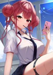 Rule 34 | 1girl, hair buns, heterochromia, highres, hololive, houshou marine, looking at viewer, mouth hold, red eyes, shirt, short sleeves, solo, telu (teluscarlet), virtual youtuber, white shirt, yellow eyes