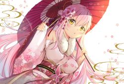 Rule 34 | 1girl, bare shoulders, flower, hair between eyes, hair flower, hair ornament, japanese clothes, kimono, mugicho (kdks5554), original, pink kimono, solo, umbrella, yellow eyes