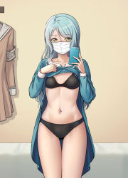 Rule 34 | 1girl, absurdres, aqua hair, armband, bang dream!, bed, black bra, black panties, blue dress, bra, breasts, brown dress, cellphone, clothes lift, collarbone, commentary request, covered mouth, cowboy shot, dress, dress lift, unworn dress, fingernails, gluteal fold, green eyes, hanasakigawa school uniform, hands up, highres, hikawa sayo, holding, holding phone, indoors, lifting own clothes, long hair, long sleeves, looking at viewer, mask, mouth mask, navel, panties, phone, ptal, safety pin, sailor collar, school uniform, selfie, serafuku, small breasts, smartphone, solo, standing, stomach, surgical mask, swept bangs, thigh gap, underwear, white sailor collar