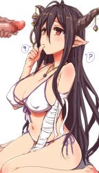 Rule 34 | 10s, 1boy, 1girl, ?, antenna hair, bandages, bikini, black hair, breasts, censored, clearite, danua, draph, covered erect nipples, eyelashes, front-tie bikini top, front-tie top, granblue fantasy, hand to own mouth, highres, horns, jewelry, kneeling, large breasts, long hair, mosaic censoring, navel, pendant, penis, red eyes, side-tie bikini bottom, simple background, sitting, solo focus, spoken question mark, strap gap, swimsuit, tareme, thumb sucking, wariza, white background