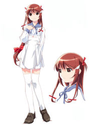 Rule 34 | 00s, 1girl, apron, brown hair, female focus, full body, hair ornament, hair ribbon, hairclip, hand on own chest, head tilt, konami (popotan), loafers, long hair, looking at viewer, low-tied long hair, popotan, red eyes, ribbon, shoes, sidelocks, simple background, skirt, smile, solo, standing, thighhighs, very long hair, white background, white thighhighs, zettai ryouiki