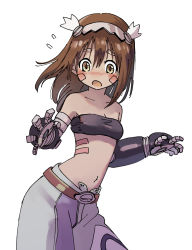 Rule 34 | 1girl, android, blush, breasts, brown eyes, brown hair, embarrassed, facial mark, female focus, genderswap, genderswap (mtf), highres, long hair, made in abyss, pants, regu (made in abyss), simple background, small breasts, solo, strapless, tube top, white background, zattairattt