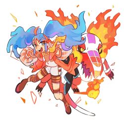Rule 34 | 1girl, black sclera, blue hair, colored sclera, creatures (company), fire, fire bird (skeledirge), fire miku (project voltage), full body, game freak, hair between eyes, hatsune miku, highres, holding, jacket, long hair, long sleeves, multicolored hair, nintendo, nose, oe (yamifuti), open clothes, open jacket, open mouth, pokemon, pokemon (creature), project voltage, purple hair, red hair, shorts, simple background, skeledirge, teeth, twintails, upper teeth only, v, vocaloid, white background, yellow eyes