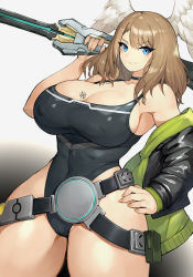 Rule 34 | 1girl, blue eyes, breast tattoo, breasts, cleavage, covered erect nipples, eunie (xenoblade), gurimjang, highres, jacket, large breasts, leather, leather jacket, revealing clothes, simple background, solo, tattoo, thighs, white background, white wings, wings, xenoblade chronicles (series), xenoblade chronicles 3