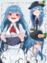 Rule 34 | 1girl, :d, :p, absurdres, adapted costume, alternate costume, alternate hairstyle, apron, black headwear, blue hair, blush, braid, breasts, center frills, collarbone, cropped torso, enmaided, eyes visible through hair, food, frills, fruit, full-face blush, grey background, hair between eyes, hands up, hat, highres, hinanawi tenshi, leaf, long hair, looking at viewer, low twin braids, maid, maid headdress, multiple views, open mouth, peach, ponytail, red eyes, shirt, simple background, small breasts, smile, smug, sweat, teeth, tongue, tongue out, touhou, tsune (tune), twin braids, upper body, wing collar