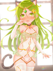 Rule 34 | 1girl, alternate costume, animal ear fluff, animal ears, blush, breasts, bridal gauntlets, cameltoe, cat ears, cat tail, choker, crescent, crescent hair ornament, fang, frilled sleeves, frills, gem, green eyes, green hair, hair between eyes, hair ornament, highres, jewelry, kantai collection, long hair, nagatsuki (kancolle), navel, nipples, nose blush, open mouth, see-through, skin fang, small breasts, solo, suzushiro (gripen39), sweat, tail, tears, thighhighs, white thighhighs