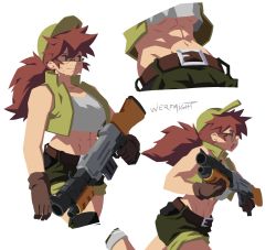 Rule 34 | 1girl, abs, baseball cap, belt, breasts, brown hair, crop top, fio germi, glasses, gloves, gun, hat, highres, large breasts, long hair, metal slug, midriff, muscular, muscular female, navel, ponytail, short shorts, shorts, signature, simple background, solo, sweatdrop, weapon, werfmight, white background