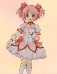 Rule 34 | 10s, 1girl, :d, bad id, bad pixiv id, bubble skirt, choker, gloves, kaname madoka, kneehighs, magical girl, mahou shoujo madoka magica, mahou shoujo madoka magica (anime), open mouth, outstretched arm, pink hair, puffy sleeves, red eyes, short hair, short twintails, simple background, sino0712, skirt, smile, socks, solo, tsunamayo (sino0712), twintails, white gloves, white socks