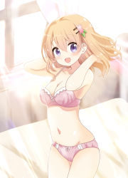 Rule 34 | 1girl, :d, bare arms, bare shoulders, bed sheet, blonde hair, blush, bow, bow bra, bow panties, bra, breasts, cleavage, collarbone, commentary request, cowboy shot, curtains, day, fingernails, gochuumon wa usagi desu ka?, hair between eyes, hair ornament, hairclip, hands in hair, hands up, hoto cocoa, indoors, long hair, looking at viewer, massala, medium breasts, navel, open mouth, panties, pink bra, pink panties, purple eyes, smile, solo, standing, stomach, sunlight, underwear, underwear only, window