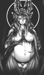Rule 34 | 1girl, animal ears, baphomet, breasts, curvy, freckles, greyscale, highres, horns, large breasts, looking at viewer, monochrome, monster girl, nipples, pregnant, smile, solo, spoken wolv, tentacles