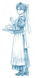Rule 34 | 1girl, apron, bbb (friskuser), blue theme, boots, glasses, hair ribbon, high heel boots, high heels, highres, holding, holding tray, long hair, long sleeves, maid, monochrome, original, puffy sleeves, resolution mismatch, ribbon, shoes, simple background, solo, source larger, standing, tea set, tray