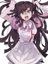 Rule 34 | 1girl, angry, apron, bandaged arm, bandages, black hair, breasts, collared shirt, commentary, cowboy shot, d:, danganronpa (series), danganronpa 2: goodbye despair, grabbing own hair, highres, holding, holding own hair, large breasts, long hair, miniskirt, mole, mole under eye, open mouth, pink shirt, pleated skirt, puffy short sleeves, puffy sleeves, ru ma, shirt, short sleeves, simple background, skirt, solo, teeth, tsumiki mikan, upper teeth only, white apron, white background, white shirt