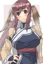 Rule 34 | 1girl, absurdly long hair, ainu clothes, animal ears, aquaplus, blush, breasts, coat, dress, gauntlets, hair between eyes, head tilt, high ponytail, highres, large breasts, long hair, long sleeves, looking at viewer, oh dun dun, parted lips, ponytail, purple eyes, purple hair, raised eyebrows, red sash, sash, sidelocks, solo, taut clothes, touka (utawarerumono), upper body, utawarerumono, very long hair