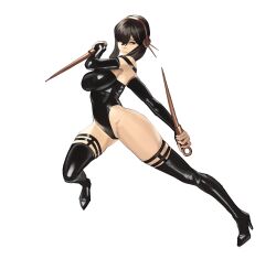 Rule 34 | 1girl, absurdres, arm warmers, black footwear, black gloves, black hair, black leotard, boots, breasts, curvy, dagger, full body, gloves, gold hairband, hairband, highleg, highleg leotard, highres, holding, holding knife, holding weapon, jumping, knife, large breasts, leotard, medium breasts, shiny clothes, shiny skin, spy x family, stiletto (weapon), thigh boots, weapon, wide hips, y frt, yor briar