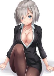 Rule 34 | 10s, 1girl, alternate costume, blue eyes, blush, breasts, brown pantyhose, buttons, cleavage, closed mouth, collarbone, collared shirt, dress shirt, formal, hair ornament, hair over one eye, hairclip, hamakaze (kancolle), kantai collection, knee up, large breasts, long sleeves, office lady, pantyhose, sakiyamama, shirt, short hair, silver hair, sitting, sleeve cuffs, smile, solo, suit, unbuttoned