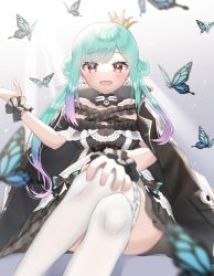 Rule 34 | 1girl, :d, absurdres, aqua hair, asymmetrical hair, black choker, black coat, black dress, blush, bow, bug, butterfly, choker, coat, coat on shoulders, commentary, crossed legs, crown, double bun, dress, dress bow, earrings, flat chest, frilled dress, frilled straps, frilled thighhighs, frills, gradient hair, green hair, hair bun, hand on own knee, highres, hololive, insect, jewelry, long hair, looking at viewer, mirubashi, multicolored hair, off-shoulder dress, off shoulder, open mouth, pink hair, popped collar, red eyes, see-through, see-through sleeves, short dress, short sleeves, sidelocks, sitting, skull earrings, smile, solo, strapless, strapless dress, symbol-only commentary, thighhighs, tilted headwear, too many, too many butterflies, twintails, uneven twintails, uruha rushia, uruha rushia (3rd costume), virtual youtuber, white thighhighs, wristband