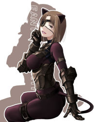 Rule 34 | 1girl, animal ears, armor, belt, bodysuit, breasts, brown eyes, brown hair, cat ears, cat tail, catsuit, covered erect nipples, eyepatch, fantasy earth zero, gauntlets, large breasts, leather, lipstick, makeup, mr.romance, short hair, solo, tail, thigh strap