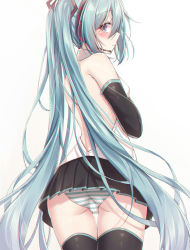 Rule 34 | 1girl, akira (been0328), ass, backless outfit, bad id, bad pixiv id, black skirt, black sleeves, black thighhighs, blush, closed mouth, commentary request, detached sleeves, gradient background, green eyes, green hair, grey background, hair between eyes, hair ornament, hatsune miku, headphones, headpiece, long hair, long sleeves, looking at viewer, looking back, panties, pleated skirt, profile, shirt, sidelocks, skirt, sleeveless, sleeveless shirt, solo, striped clothes, striped panties, thighhighs, twintails, underwear, very long hair, vocaloid, white background, white shirt